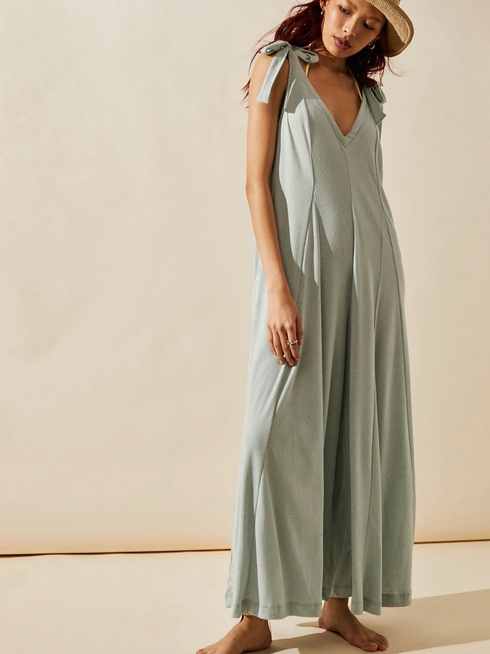 Free People Alice One-Piece Sage Green Tie-Shoulder Wide-Leg Jumpsuit